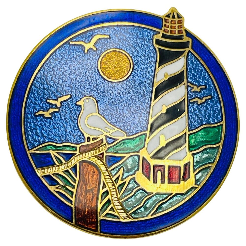 Vintage gold tone colorful enamel lighthouse designer brooch